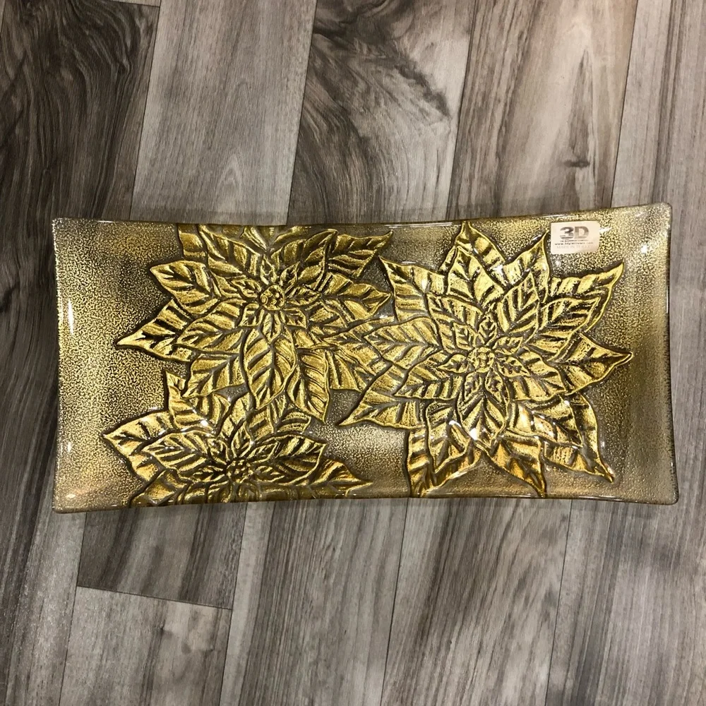 3D GLASSWARE Clear~Gold Metallic Floral Raised Pattern Curved Rectangular Server
